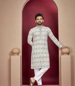 Cream heavy lukhnowi work with unique digital print kurta pajama set