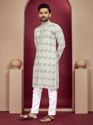 Cream heavy lukhnowi work with unique digital print kurta pajama set 2