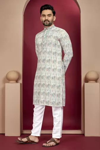 Cream heavy lukhnowi work with unique digital print kurta pajama set
