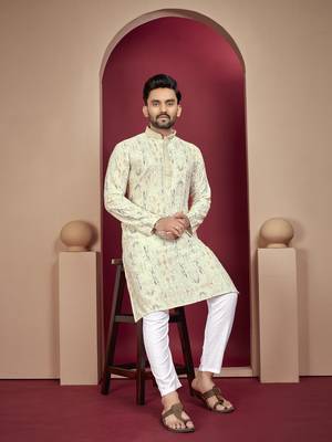 Off white heavy lukhnowi work with unique digital print kurta pajama set 1