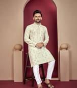 Off white heavy lukhnowi work with unique digital print kurta pajama set