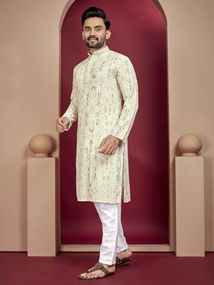 Off white heavy lukhnowi work with unique digital print kurta pajama set 2