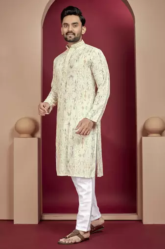 Off white heavy lukhnowi work with unique digital print kurta pajama set