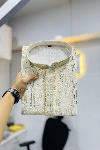 Off white heavy lukhnowi work with unique digital print kurta pajama set
