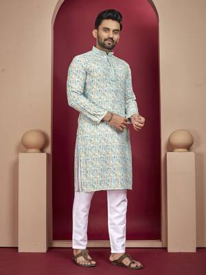 Sky blue heavy lukhnowi work with unique digital print kurta pajama set 1