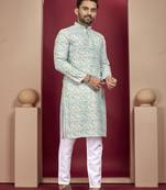 Sky blue heavy lukhnowi work with unique digital print kurta pajama set
