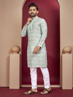Sky blue heavy lukhnowi work with unique digital print kurta pajama set 2