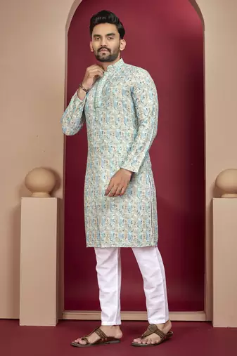 Sky blue heavy lukhnowi work with unique digital print kurta pajama set