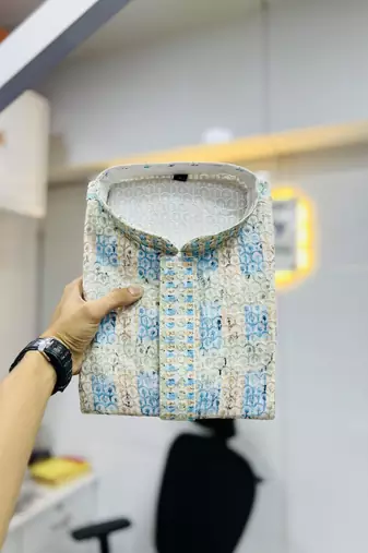 Sky blue heavy lukhnowi work with unique digital print kurta pajama set