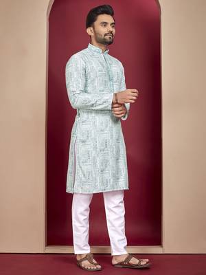Teal heavy lukhnowi work with unique digital print kurta pajama set 1