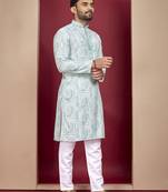 Teal heavy lukhnowi work with unique digital print kurta pajama set