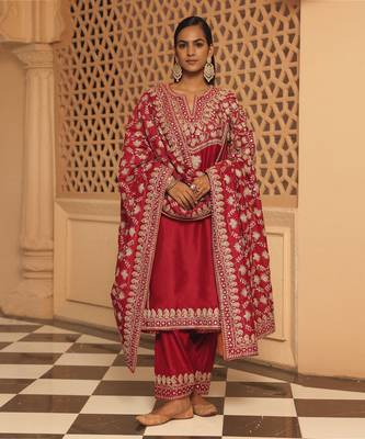 Red aiman - short knee length chauga with salwar and odhni 1
