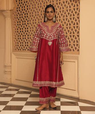 Red aiman - short knee length chauga with salwar and odhni 2