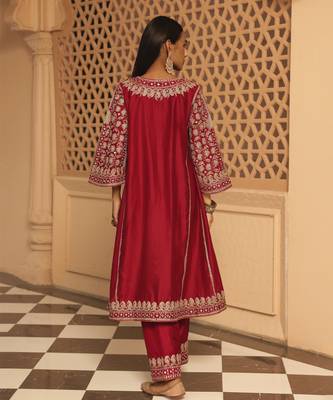 Red aiman - short knee length chauga with salwar and odhni 4