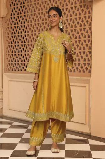 Mustard aiman - short knee length chauga with salwar and odhni