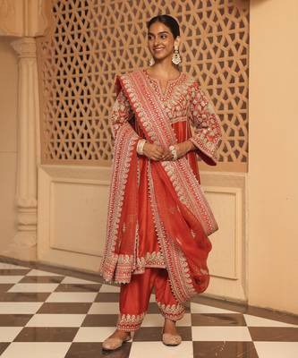 Burnt orange aiman - short knee length chauga with salwar and khada dupatta 1