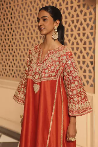 Burnt orange aiman - short knee length chauga with salwar and khada dupatta