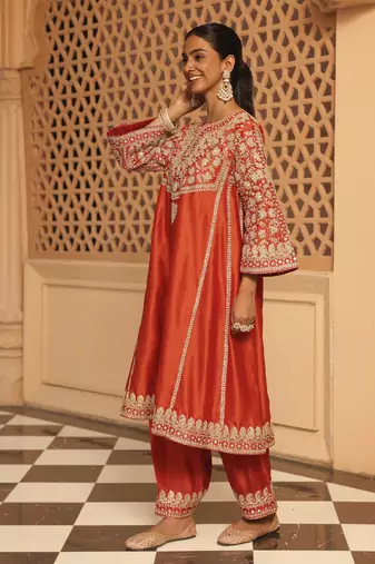 Burnt orange aiman - short knee length chauga with salwar and khada dupatta