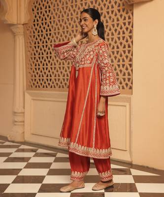 Burnt orange aiman - short knee length chauga with salwar and odhni 1