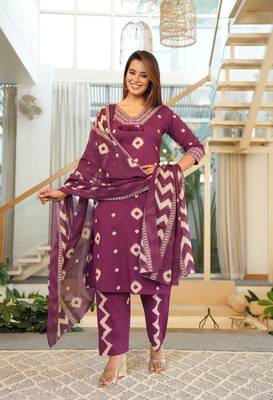 Cotton purple straight  kurti-pant-dupatta set 1