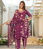 Cotton purple straight  kurti-pant-dupatta set