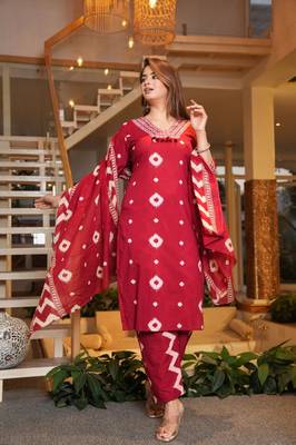 Cotton maroon straight  kurti-pant-dupatta set 1