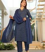 Cotton blue colour straight   kurti-pant-dupatta set