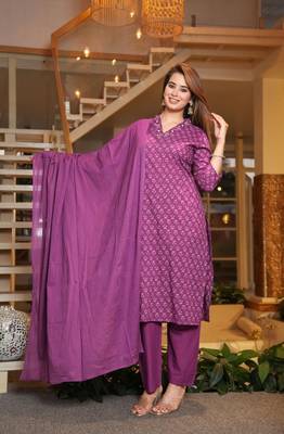 Cotton lavender colour straight   kurti-pant-dupatta set 1