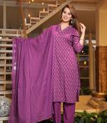 Cotton lavender colour straight   kurti-pant-dupatta set