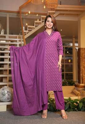 Cotton lavender colour straight   kurti-pant-dupatta set 3