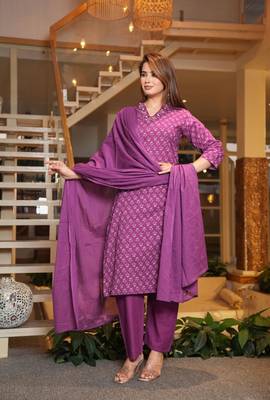 Cotton lavender colour straight   kurti-pant-dupatta set 4