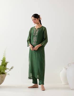 Bottle green pendant kurta set 2