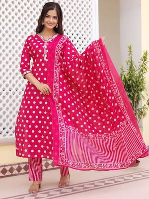 Women's Rayon Printed Designer Indian Ethnic Wear Pink Kurti With Pant & Dupatta Set 1