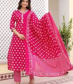 Women's Rayon Printed Designer Indian Ethnic Wear Pink Kurti With Pant & Dupatta Set
