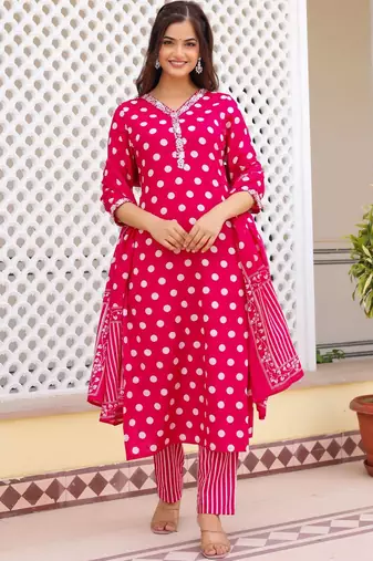 Women's Rayon Printed Designer Indian Ethnic Wear Pink Kurti With Pant & Dupatta Set