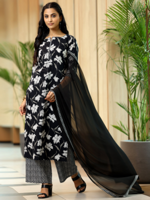 Women's Rayon Flower Printed Ethnic Black Kurti With Pant & Dupatta Set 1