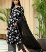Women's Rayon Flower Printed Ethnic Black Kurti With Pant & Dupatta Set