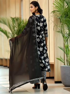 Women's Rayon Flower Printed Ethnic Black Kurti With Pant & Dupatta Set 2