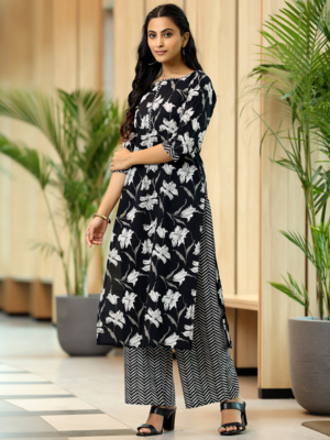 Women's Rayon Flower Printed Ethnic Black Kurti With Pant & Dupatta Set 3