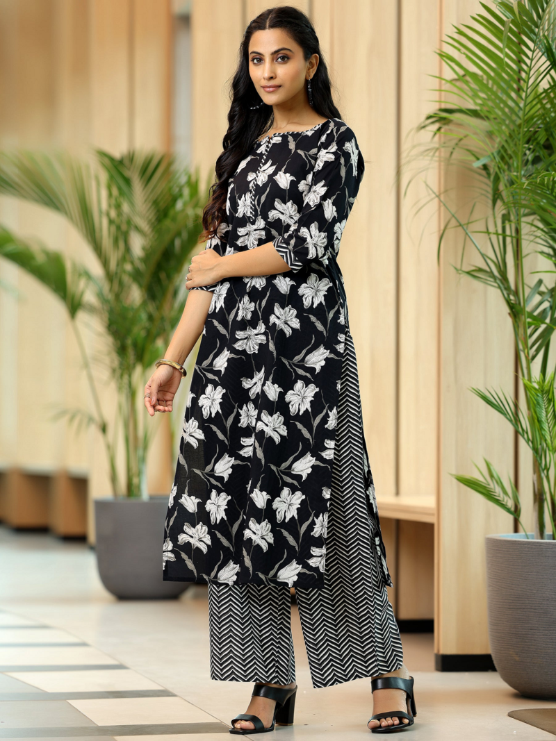 Women's Rayon Flower Printed Ethnic Black Kurti With Pant & Dupatta Set