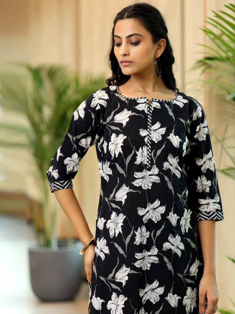 Women's Rayon Flower Printed Ethnic Black Kurti With Pant & Dupatta Set