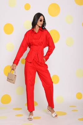 Red shirt with back tie up and pant 2 piece set summer waist fitted 100% cotton co-ord set 1