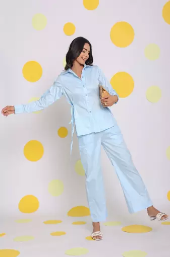 Sky blue shirt with side tie ups and pant 2 piece set summer relaxed casual co-ord set