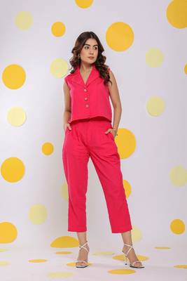 Hot pink sleeveless waistcoat and pant 2 piece set summer everyday wear linen co-ord set 1