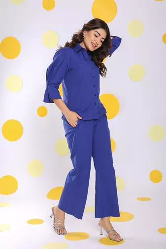 Royal blue shirt and pant 2 piece set summer relaxed linen co-ord set