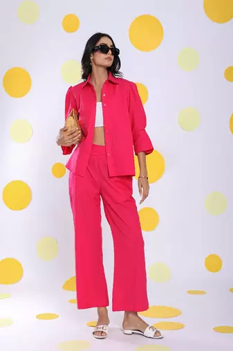 Hot pink shirt and pant 2 piece set summer relaxed linen co-ord set