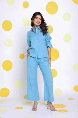 Sky blue shirt and pant 2 piece set summer relaxed linen co-ord set 1