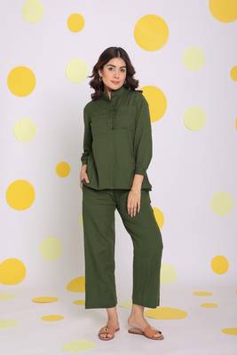 Olive green frill front shirt and pant 2 piece set summer relaxed linen co-ord set 1