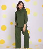 Olive green frill front shirt and pant 2 piece set summer relaxed linen co-ord set