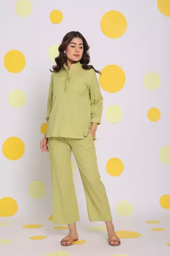 Light green shirt and pant two piece set summer everyday wear linen co-ord set